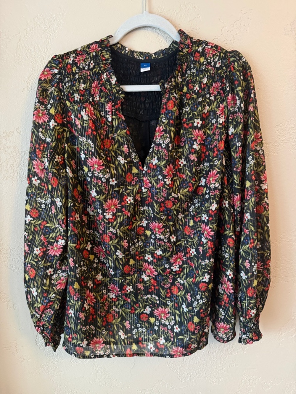 Old‎ Navy Black Floral Smocked-Neck Blouse with Pink and Red Flowers